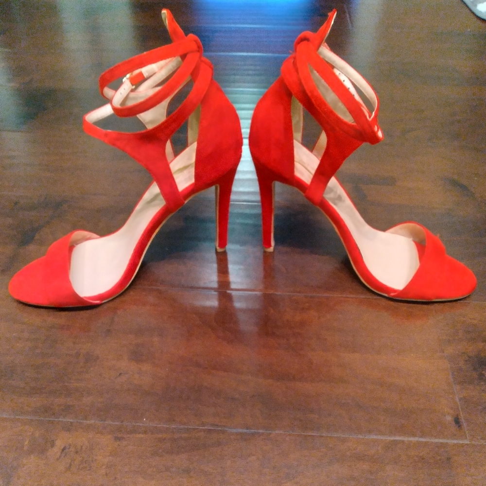 Red faux suede strappy sandals